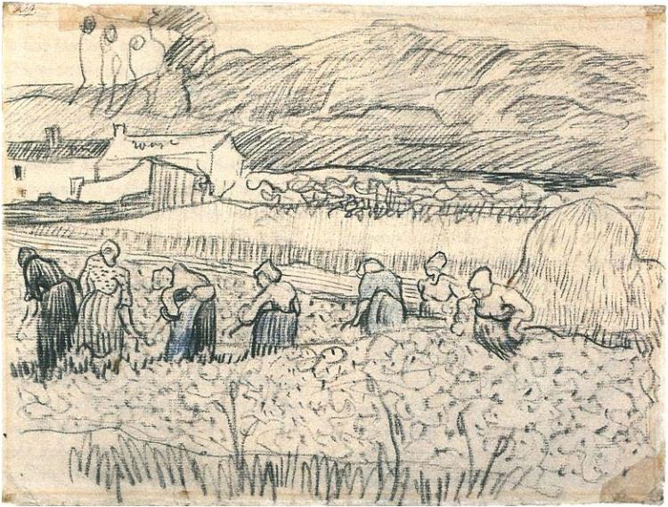 750x570 Women Working In Wheat Field By Van Gogh Drawing, Black And Blue