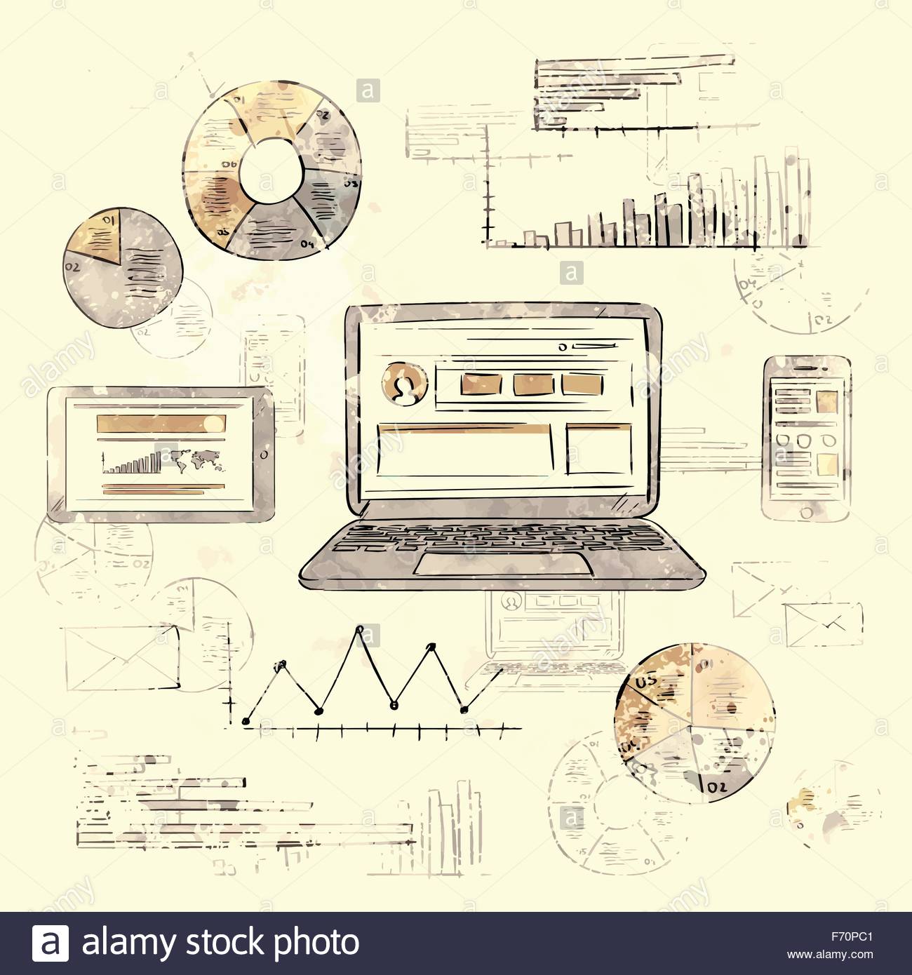 1300x1390 Sketch Laptop Smart Phone Tablet Finance Chart Old Retro Diagram