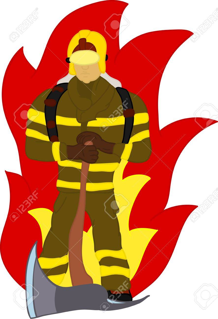 887x1300 Firefighter With Axe And Fire , Hand Draw, Isolated On Background