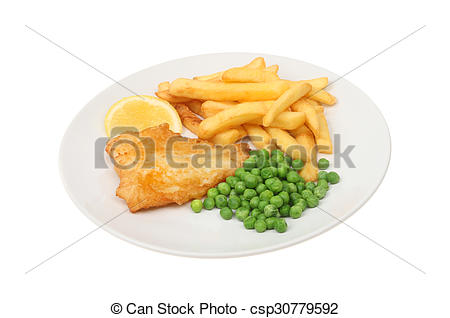 450x318 Fish And Chips. Baterred Fish, Chips And Peas With A Wedge
