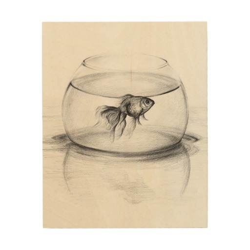 512x512 Graphite Pencil Drawing. Goldfish In A Fish Bowl Placed In Water