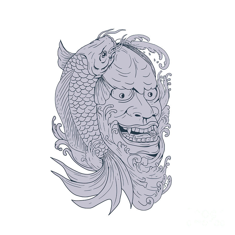 900x900 Hannya Mask And Koi Fish Drawing Digital Art By Aloysius Patrimonio