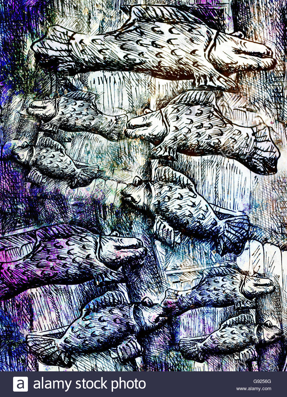 1008x1390 Many Black And White Fishes, Drawing On Abstract Background Stock