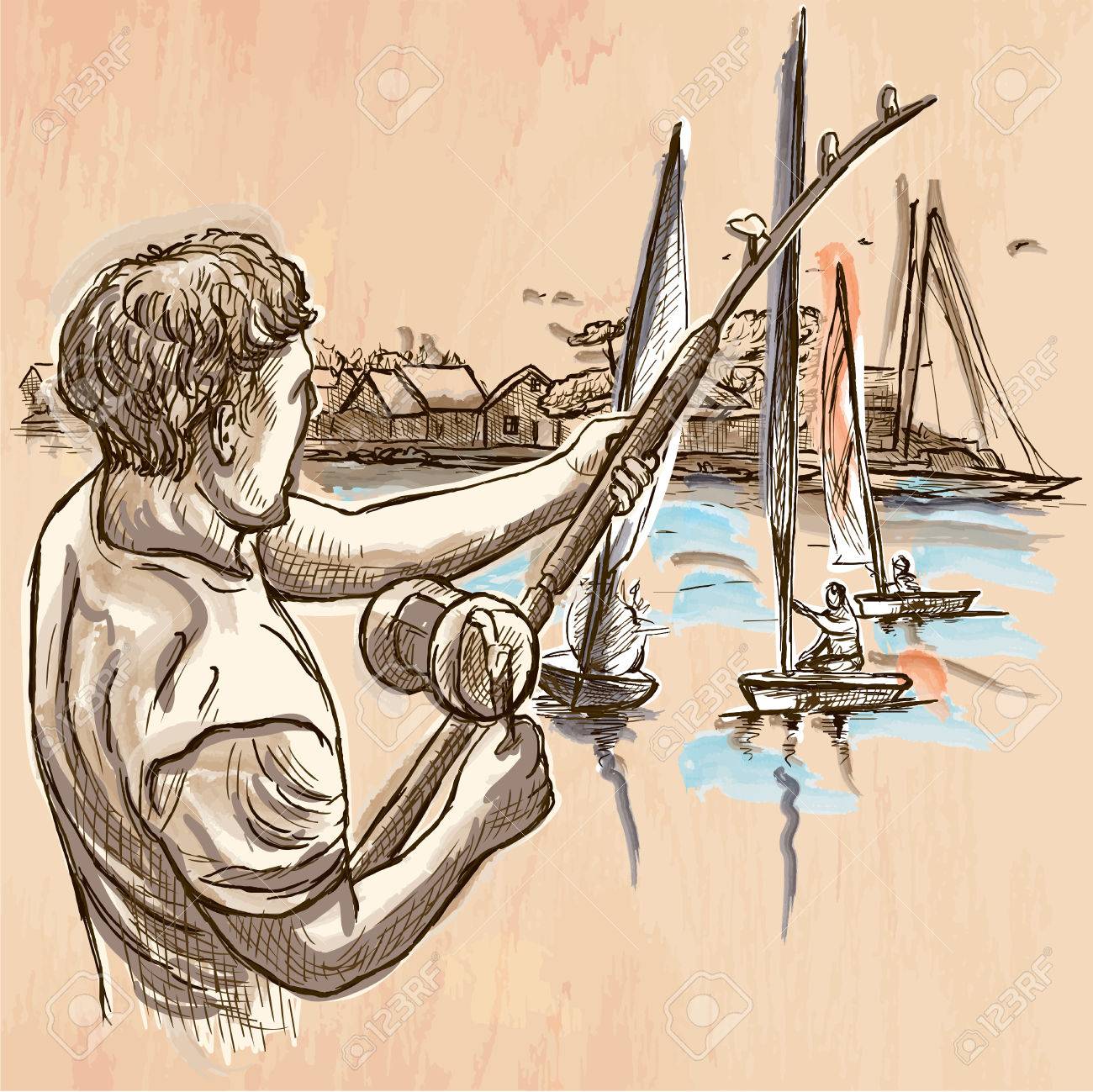 1300x1299 Fishing. An Fisherman Catch Fish On The Sea Shore. Freehand