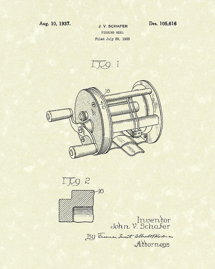 720x900 Fishing Reel 1937 Patent Art Drawing By Prior Art Design
