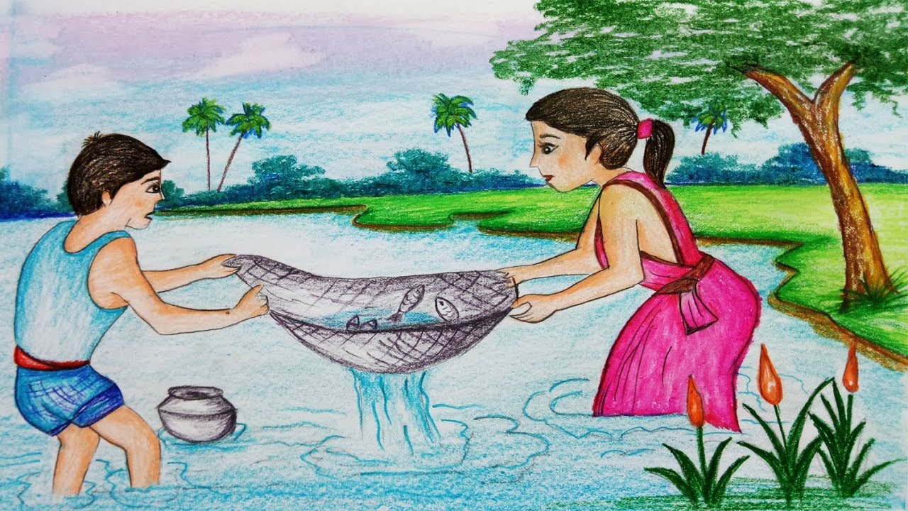 1280x720 How To Draw Fishing Scenery With Oil Pastel.step By Step(Easy Draw