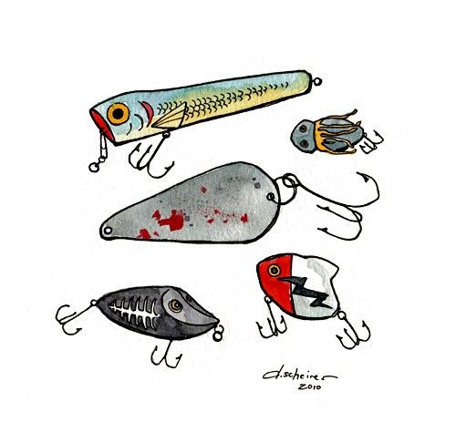 500x486 Fishing Lures Ink Drawing Illustration Print 8x8 Shared Nautical