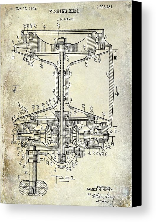 529x750 1942 Fishing Reel Patent Drawing Canvas Print Canvas Art By Jon