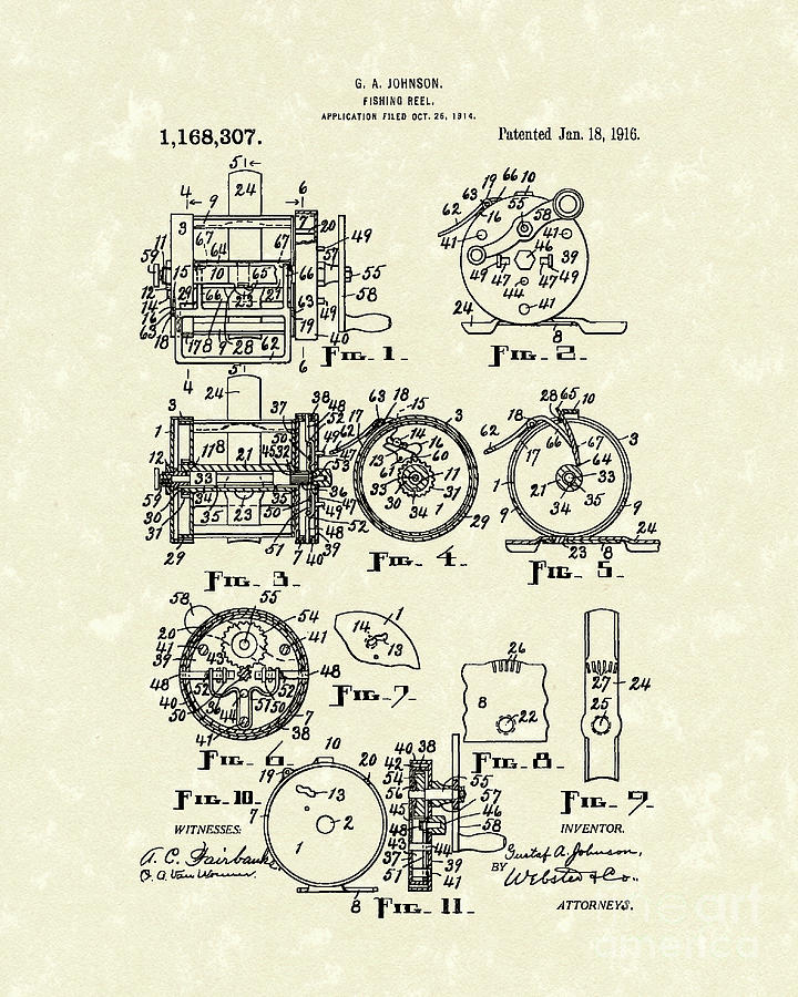 720x900 Fishing Reel 1916 Patent Art Drawing By Prior Art Design