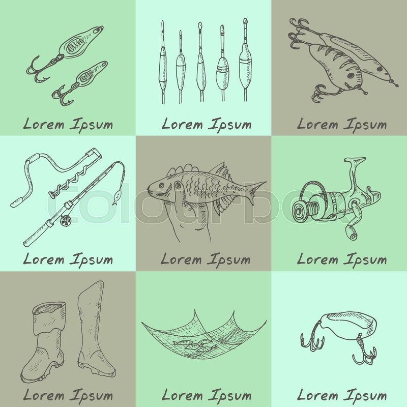 800x800 Fishing Tackle Tools. Sketches. Hand Drawing Fishing Equipment