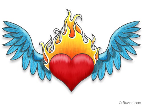 how to draw a heart with flames and wings