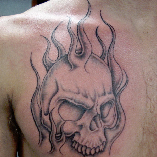 600x600 Flaming Skull Tattoo On Man Chest