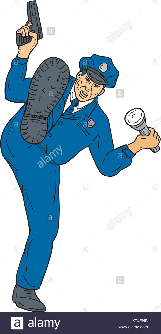 674x1390 Policeman Gun Flashlight Torch Kicking Drawing Stock Photo