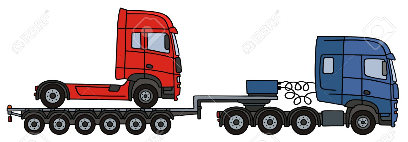 1300x454 Hand Drawing Of A Blue Towing Truck With Red Truck On