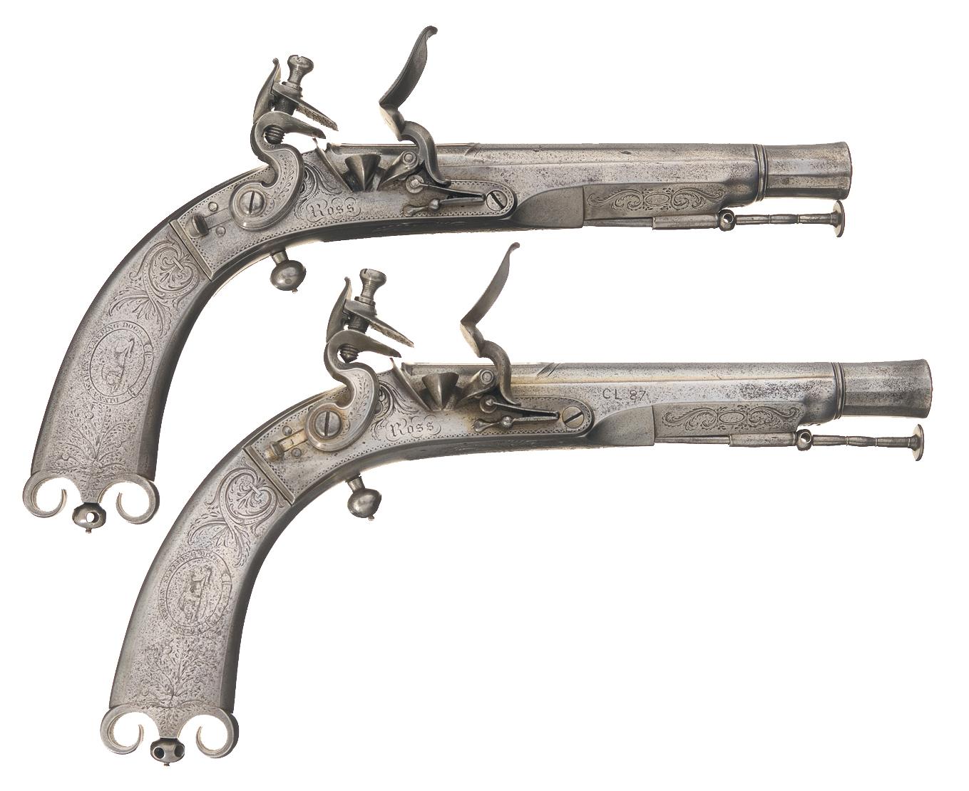 1359x1110 Pair Of Fine Ross Scottish Metal Flintlock Pistols A) Ross