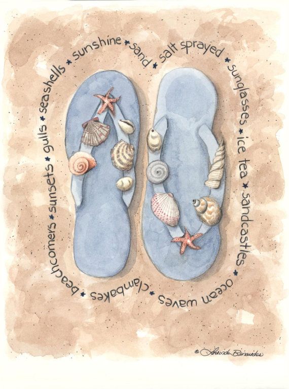 570x767 Series Of 4 Drawings, Beach, Colored Pencil, Flip Flops, Drawing