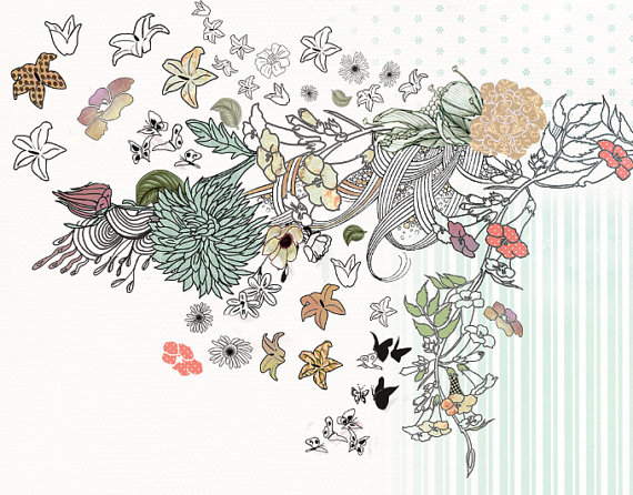 570x446 Original Flower Bouquet Ink Drawing Floral Drawing