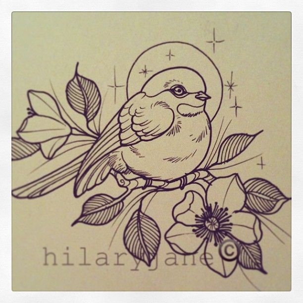 612x612 Hilaryjanetattoos Fat Bird Sparrow Flower Tattoo Ink Art