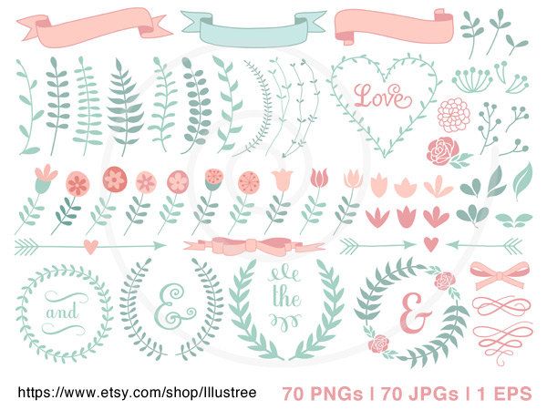 600x450 70 Flower Digital Clipart, Wedding Clip Art, Hand Drawn Laurel