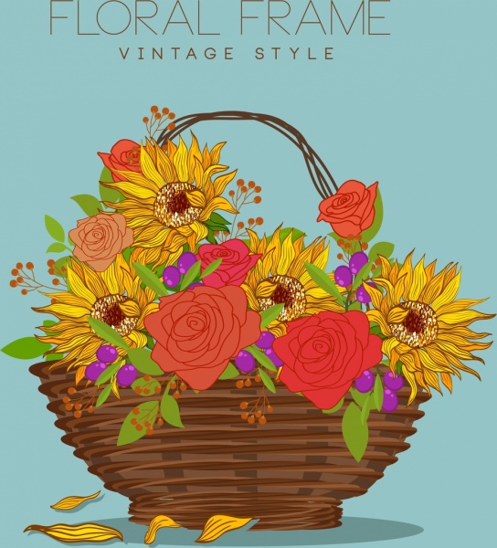 544x600 Decorative Flowers Basket Drawing Multicolored Handdrawn Sketch