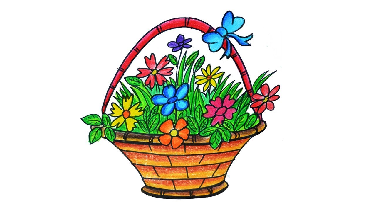 1280x720 Flower Basket Drawing, How To Draw Flower Basket Step By Step