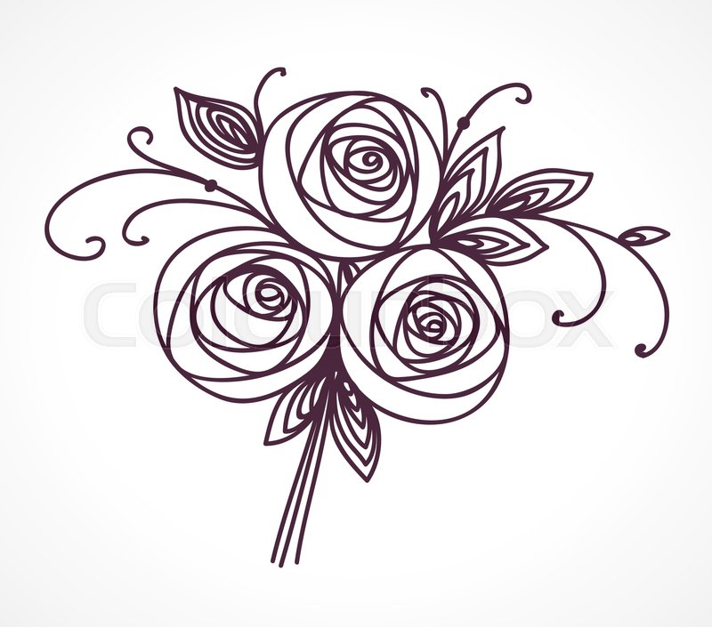 800x705 Flower Bouquet. Stylized Roses Hand Drawing. Outline Icon Symbol