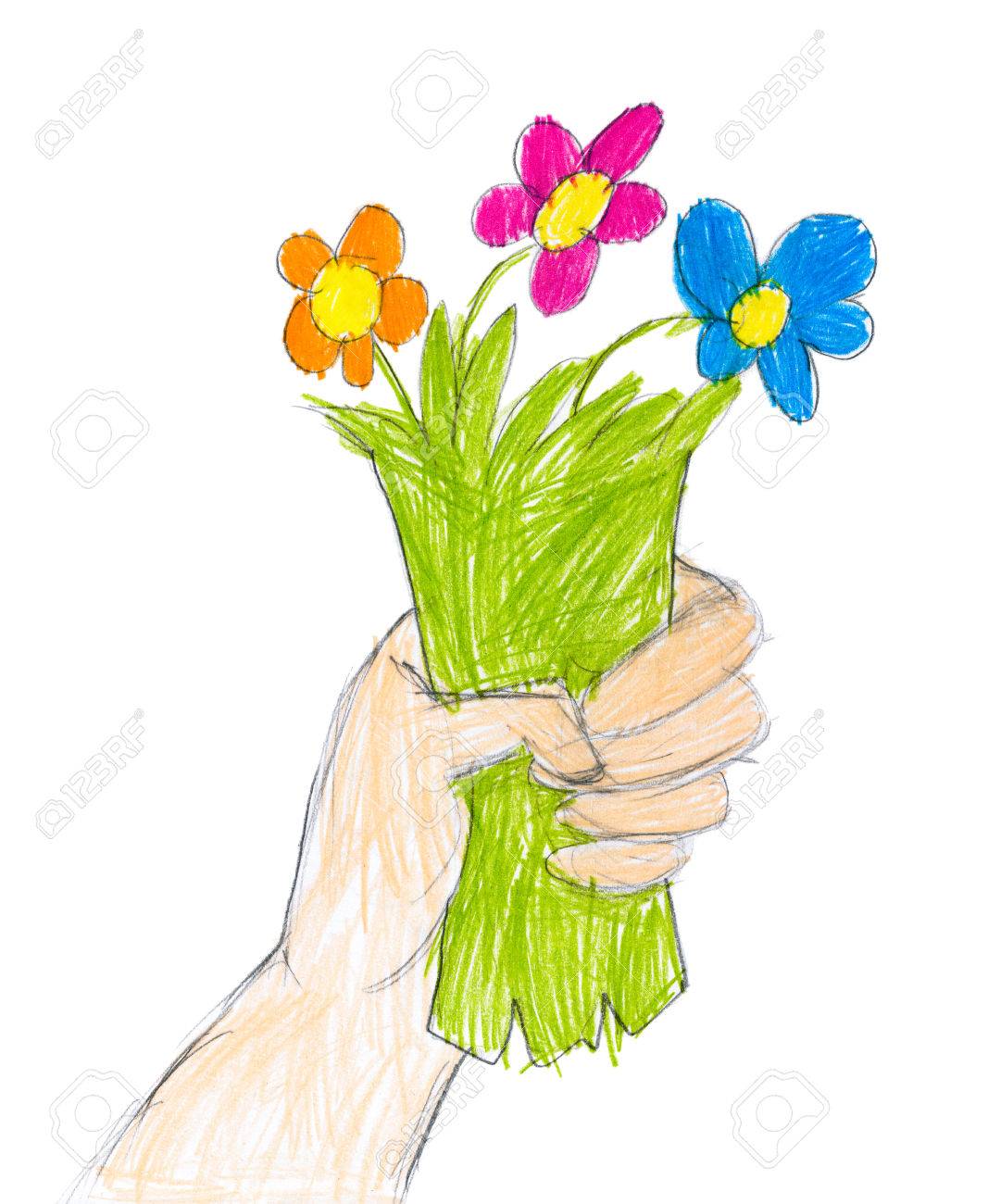 1067x1300 Hand With Bunch Of Flowers. Child Drawing Stock Photo, Picture