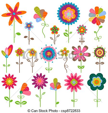 450x470 Retro Flowers. Retro Fantasy Flowers Set Vectors