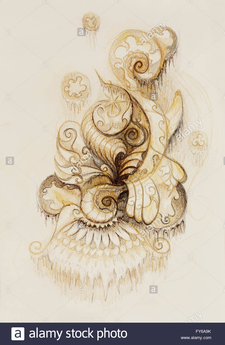 906x1390 Ornamental Filigran Drawing On Paper With Spirals, Flower Petals