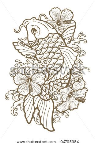 310x470 Koi Fish And Flower Drawing Koi Fish And Hibiscus Line Stock
