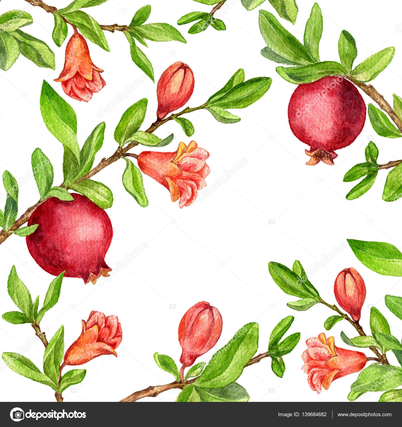 1600x1700 Template With Fruit Tree Branches, Leaves,flower And Pomegranates