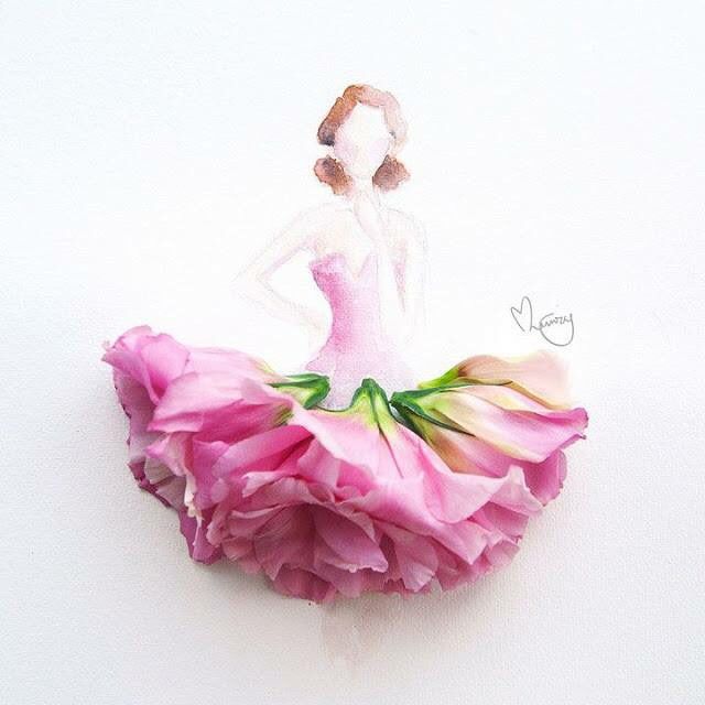 640x640 Drawing Of A Girl Wearing A Dress Made With Pink Flowers Art Art