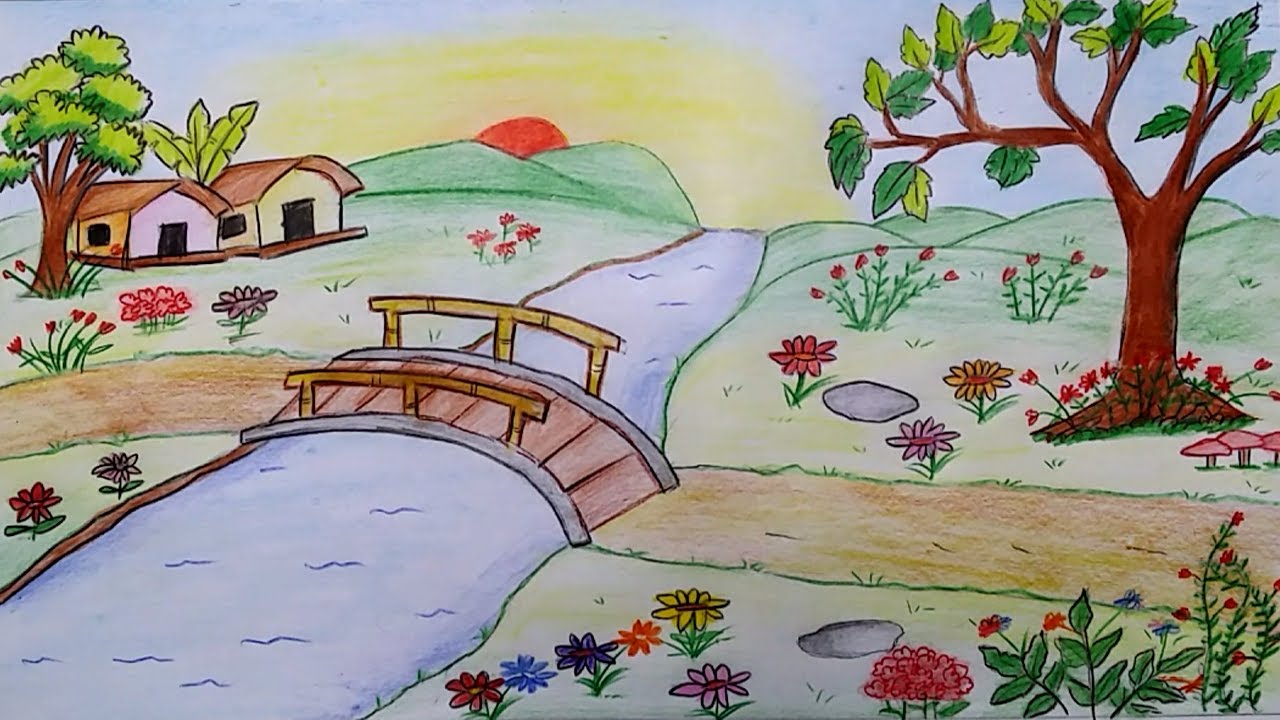 1280x720 How To Draw Scenery Of A Flower Garden Step By Step
