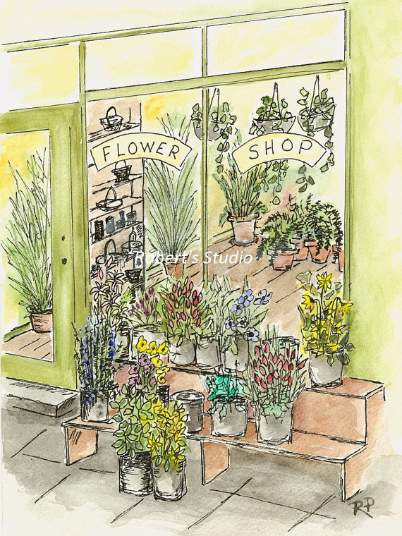 570x760 Flower Shop Print Of Original Watercolor Painting Watercolor