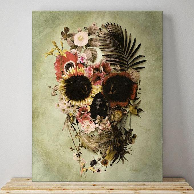 680x680 Garden Skull Canvas Print, Floral Skull Wall Art, Flower Skull