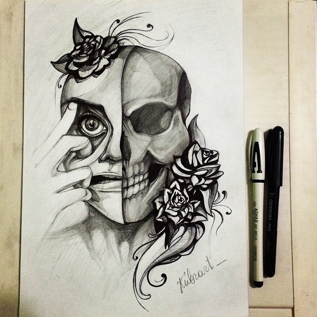 640x640 Half Skull Girl And Flowers Drawing By Kubrart