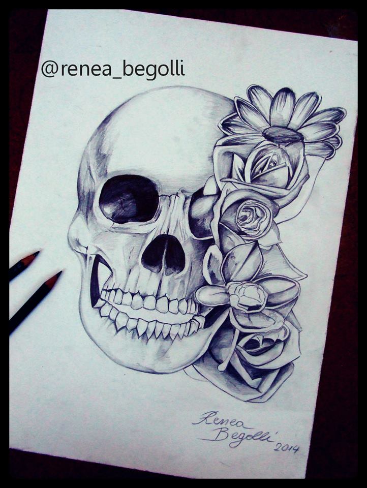 722x960 Skull And Flower Drawing By Reneab98