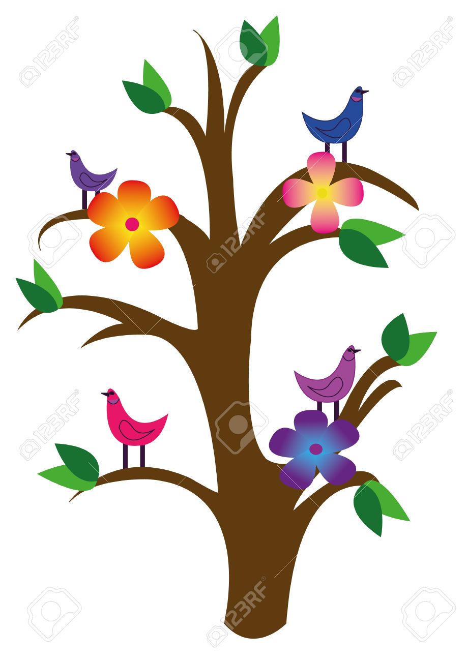 918x1300 Vector Drawing Of The Tree With Flowers And Birds Royalty Free