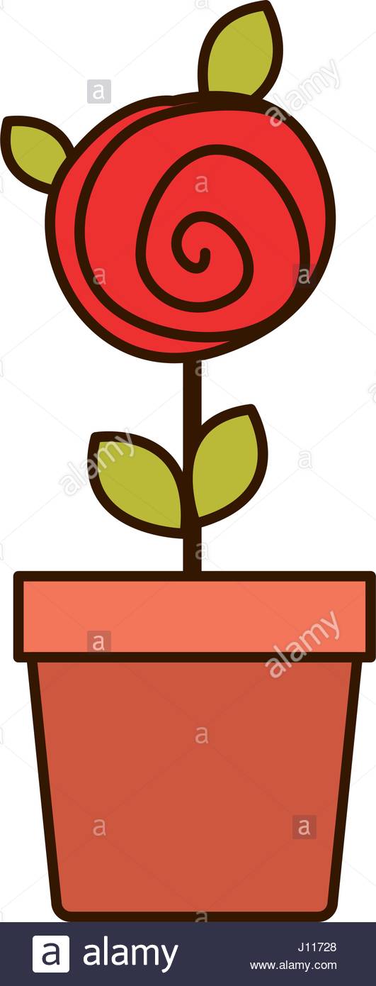 531x1390 Colorful Drawing Red Rose With Leaves And Stem In Flowerpot Stock