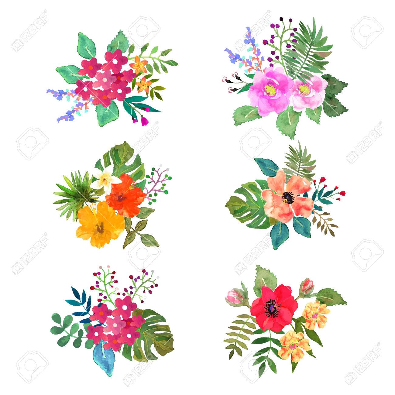 1300x1300 Floral Set. Colorful Floral Collection With Leafs And Flowers