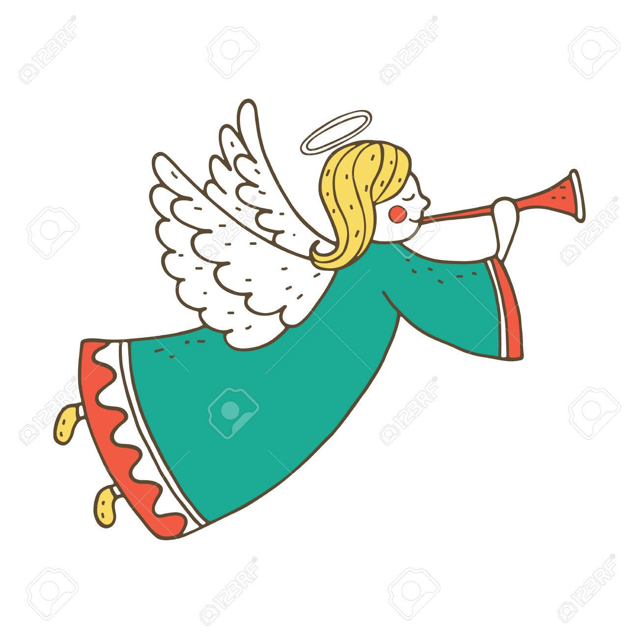 1300x1300 Cute Flying Angel With Flute. Hand Drawing Illustration Royalty