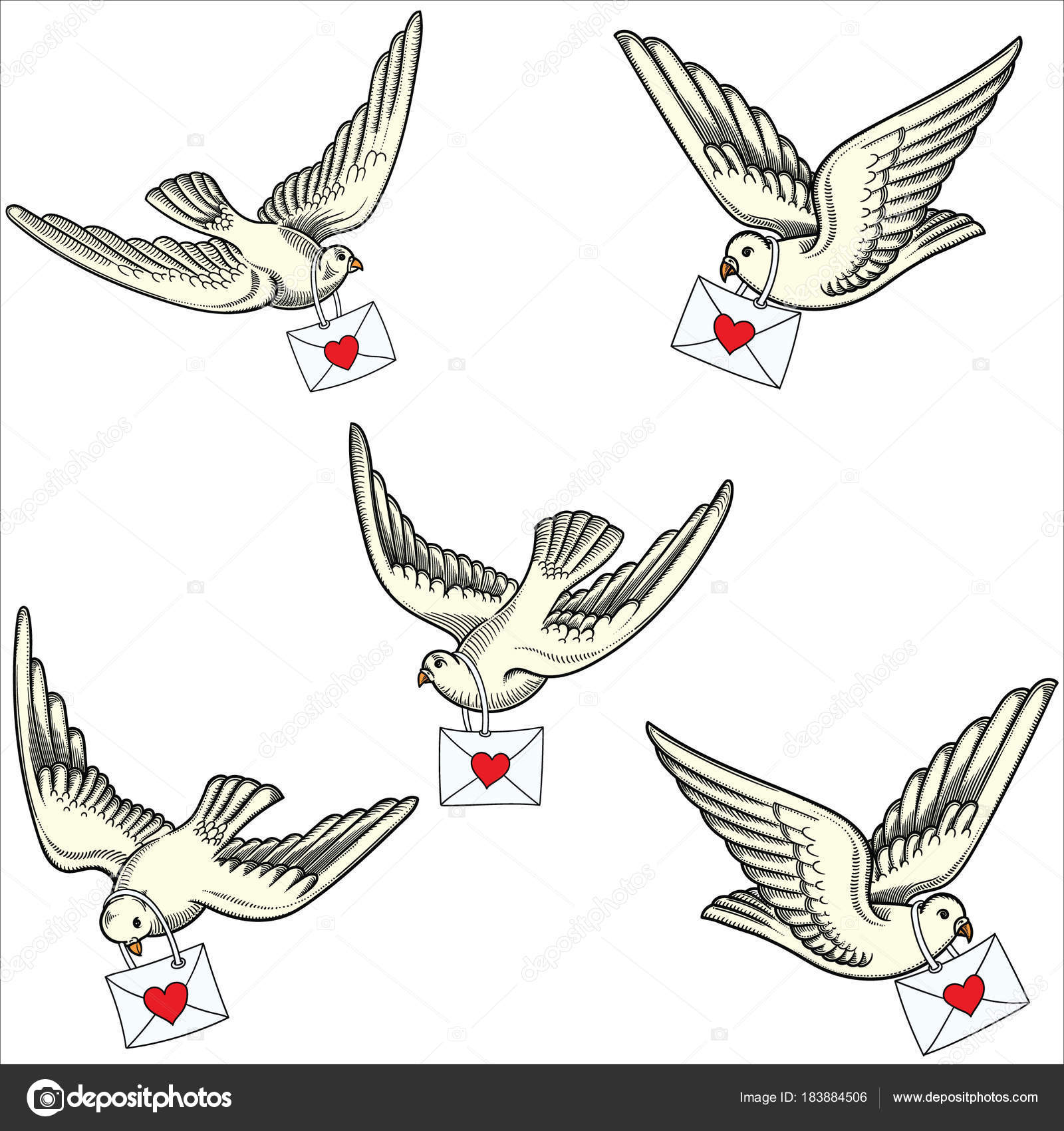 1600x1700 Illustration Of Flying Doves In Different Positions.hand Drawn