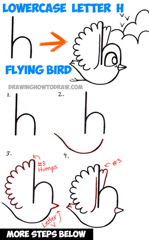 525x843 How To Draw A Flying Cartoon Bird From A Lowercase Letter H Shape
