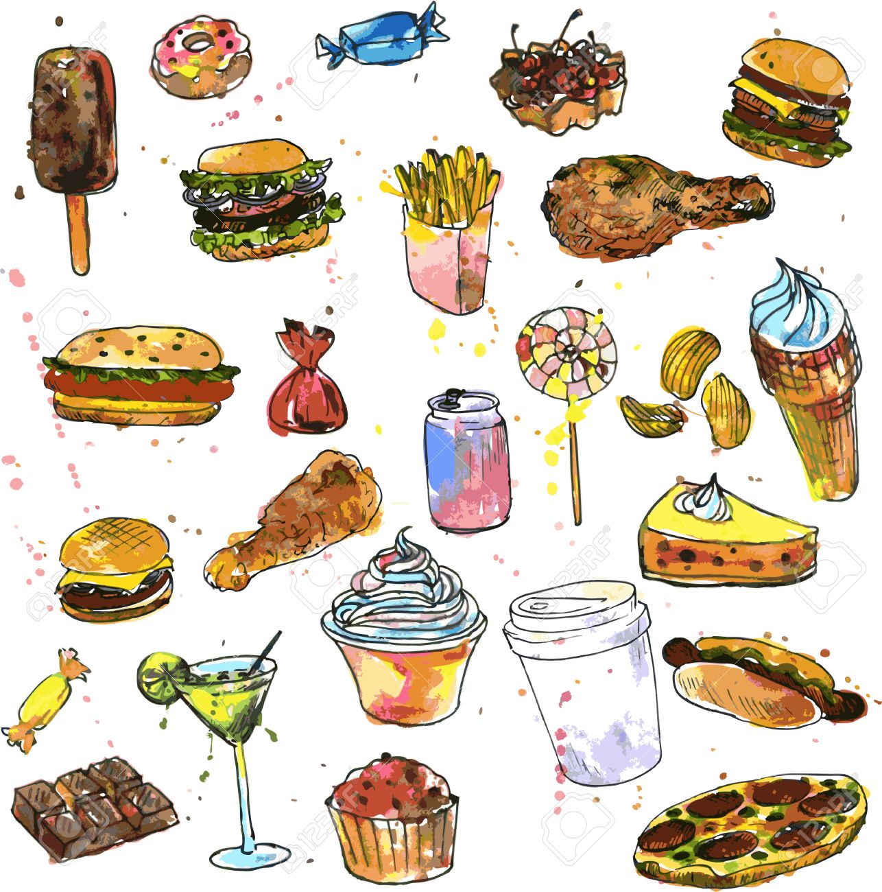 1286x1300 Set Of Sweets And Fast Food, Drawn By Watercolor, Watercolor