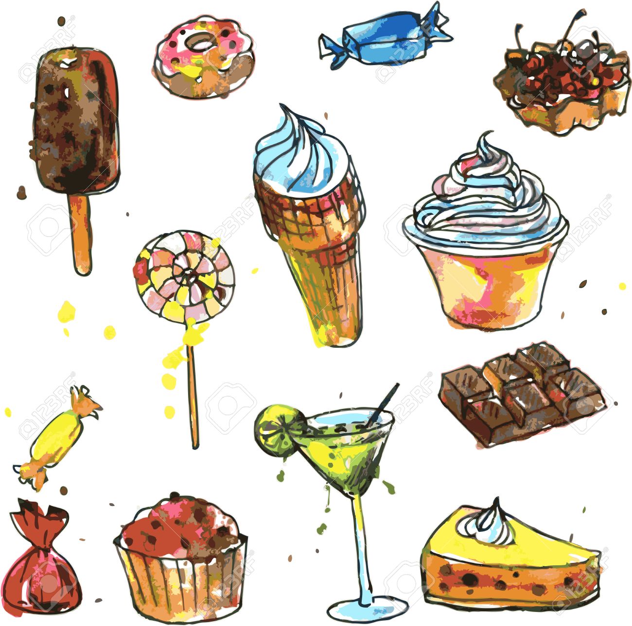 1300x1289 Set Of Sweets, Drawn By Watercolor, Watercolor Drawing Foods