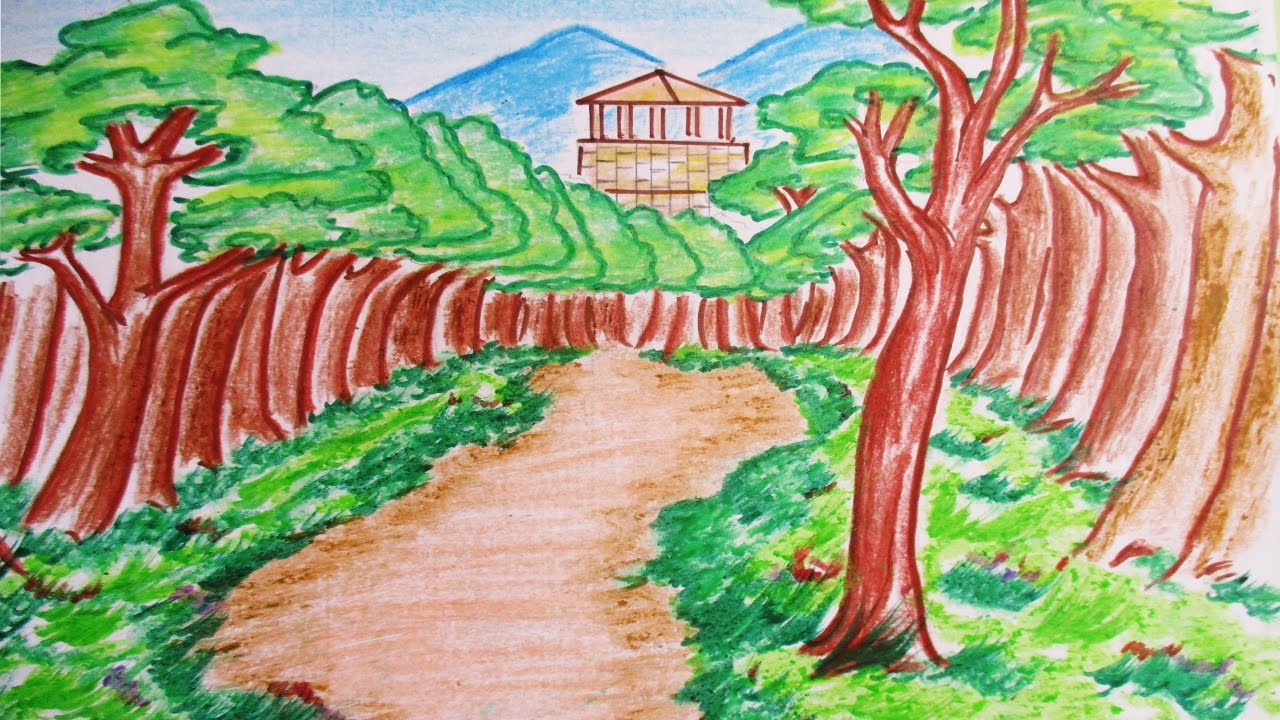 1280x720 Drawing Forest , Natural View And Mountain Scenery Drawing