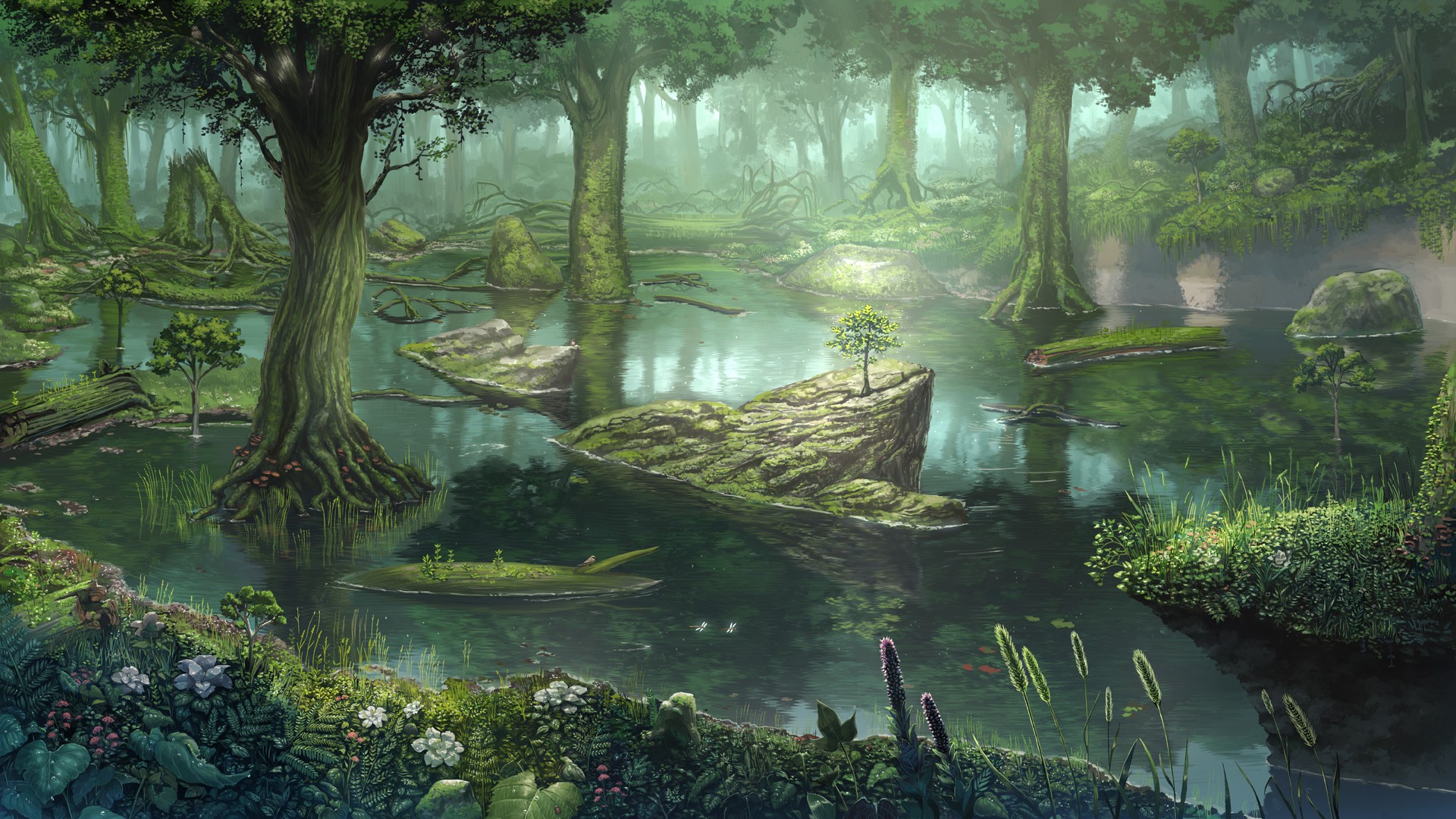 1920x1080 Wallpaper Drawing, Forest, Digital Art, Fantasy Art, Reflection