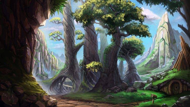 748x421 Digital Art, Drawing, Painting, Landscape, Nature, Forest, Trees