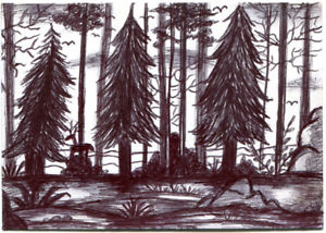 300x214 Forest Trees Landscape Original Aceo Drawing Deer Bird Pen Ink Art