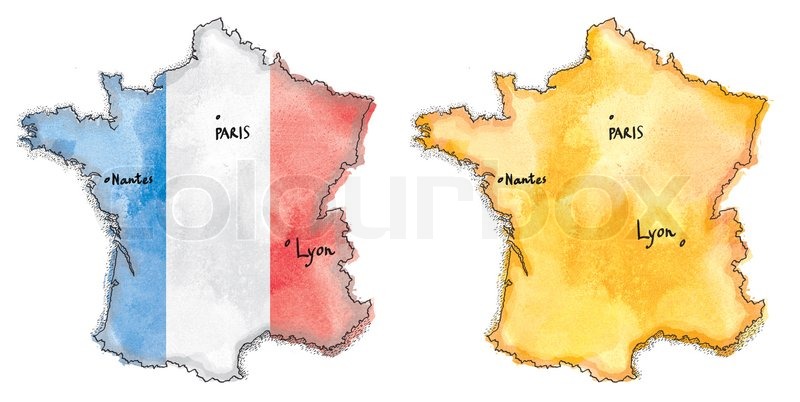 800x402 France Map On France Flag Drawing. Vintage Map Watercolor Painted